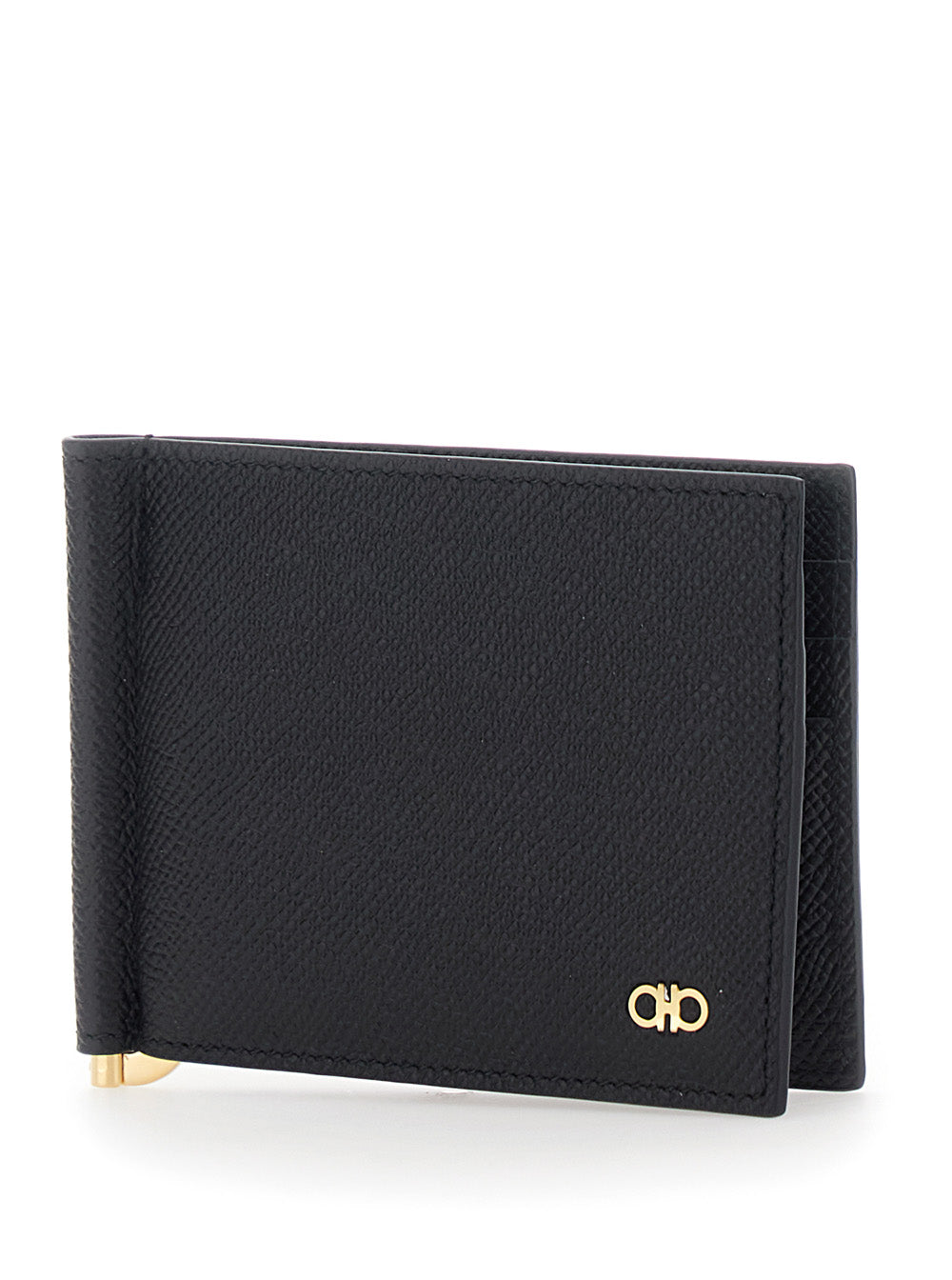 Ferragamo Men Black Wallet With Clip And Gancini Plaque On The Front In Leather For Men