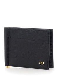 Ferragamo Men Black Wallet With Clip And Gancini Plaque On The Front In Leather For Men