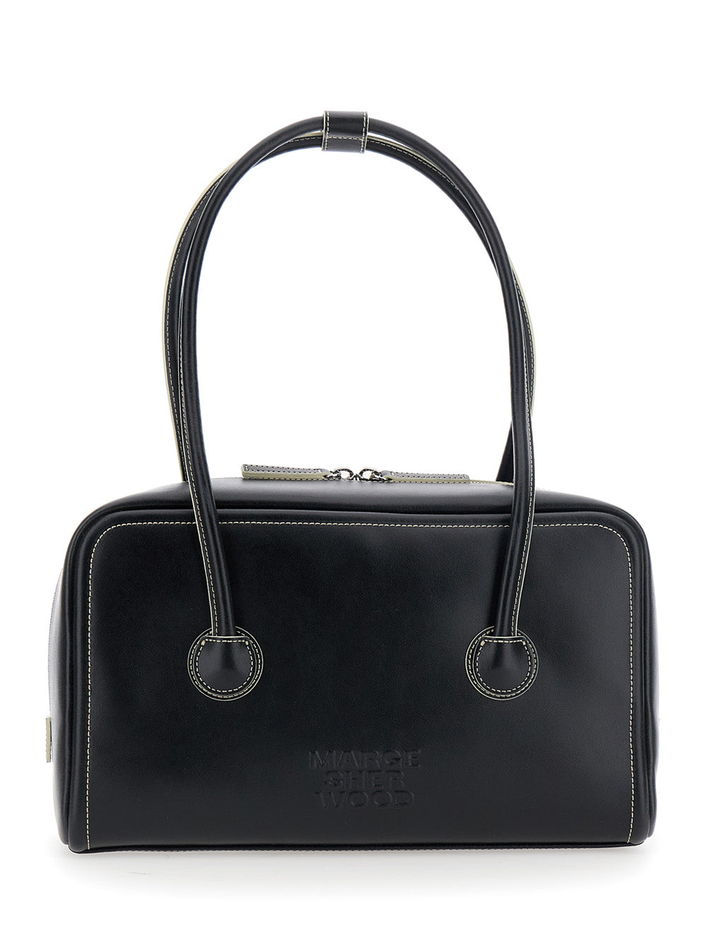 Margesherwood Women 'Soft Boston' Black Small Shoulder Bag With Two Top Handles And Logo Lettering On The Front In Leather For Women