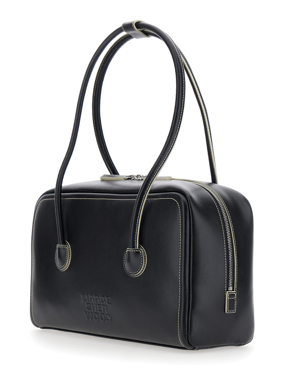 Margesherwood Women 'Soft Boston' Black Small Shoulder Bag With Two Top Handles And Logo Lettering On The Front In Leather For Women