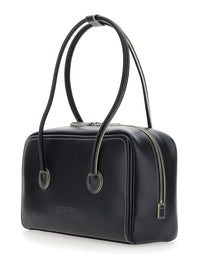 Margesherwood Women 'Soft Boston' Black Small Shoulder Bag With Two Top Handles And Logo Lettering On The Front In Leather For Women
