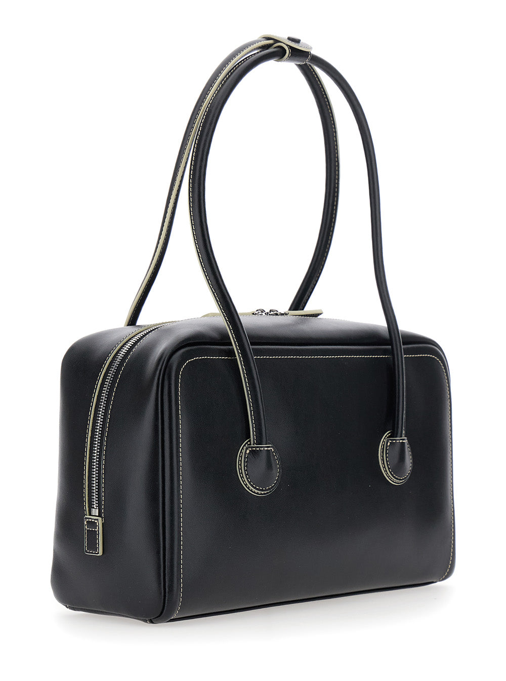 Margesherwood Women 'Soft Boston' Black Small Shoulder Bag With Two Top Handles And Logo Lettering On The Front In Leather For Women