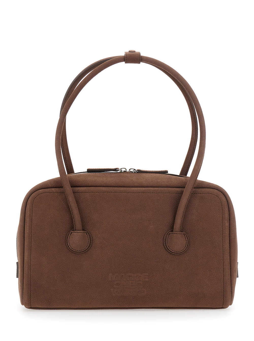 Margesherwood Women 'Soft Boston Small' Brown Shoulder Bag With Two Top Handles And Logo Lettering On The Front In Suede Women