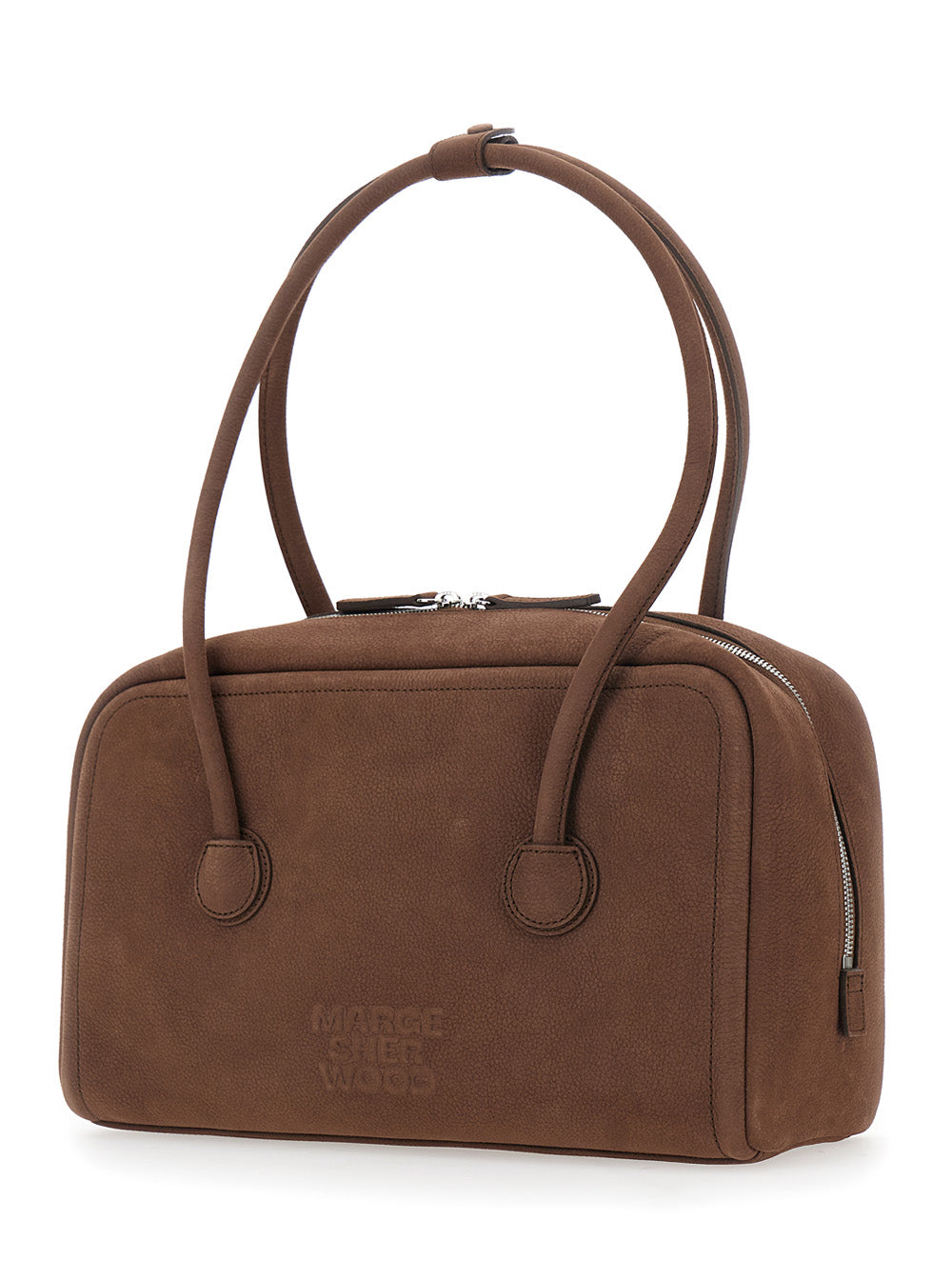 Margesherwood Women 'Soft Boston Small' Brown Shoulder Bag With Two Top Handles And Logo Lettering On The Front In Suede Women