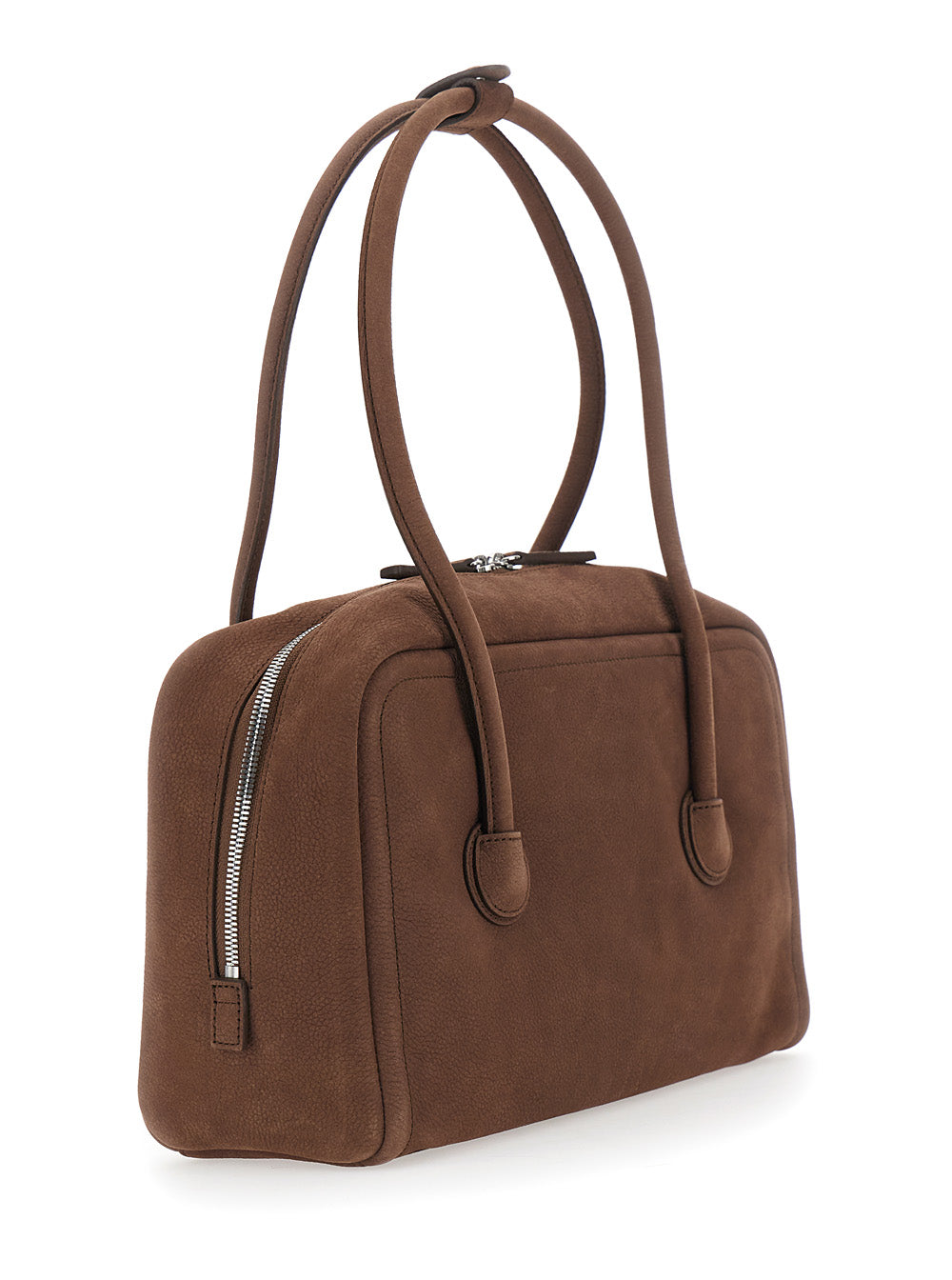 Margesherwood Women 'Soft Boston Small' Brown Shoulder Bag With Two Top Handles And Logo Lettering On The Front In Suede Women