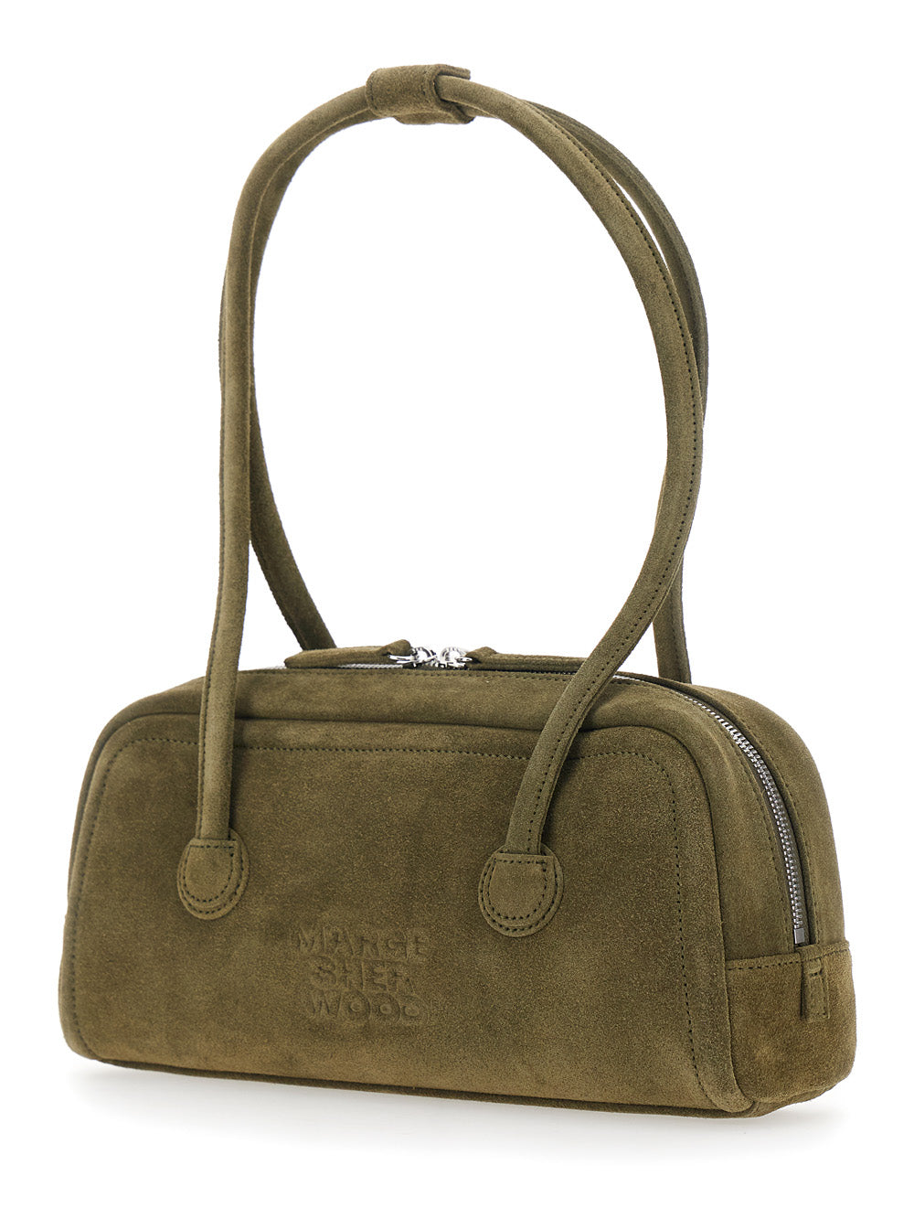 Margesherwood Women 'Soft Boston Ew' Green Shoulder Bag With Two Top Handles And Logo Lettering On The Front In Suede Women