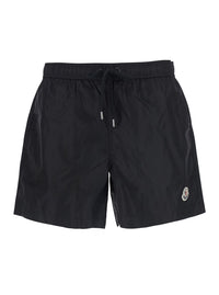 Moncler Men Black Swim Shorts With Elasticated Waist And Logo Patch On The Front In Tech Fabric For Men