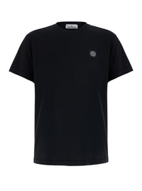 Stone Island Men Black Crew Neck T-Shirt With Logo Patch On The Front In Cotton For Men