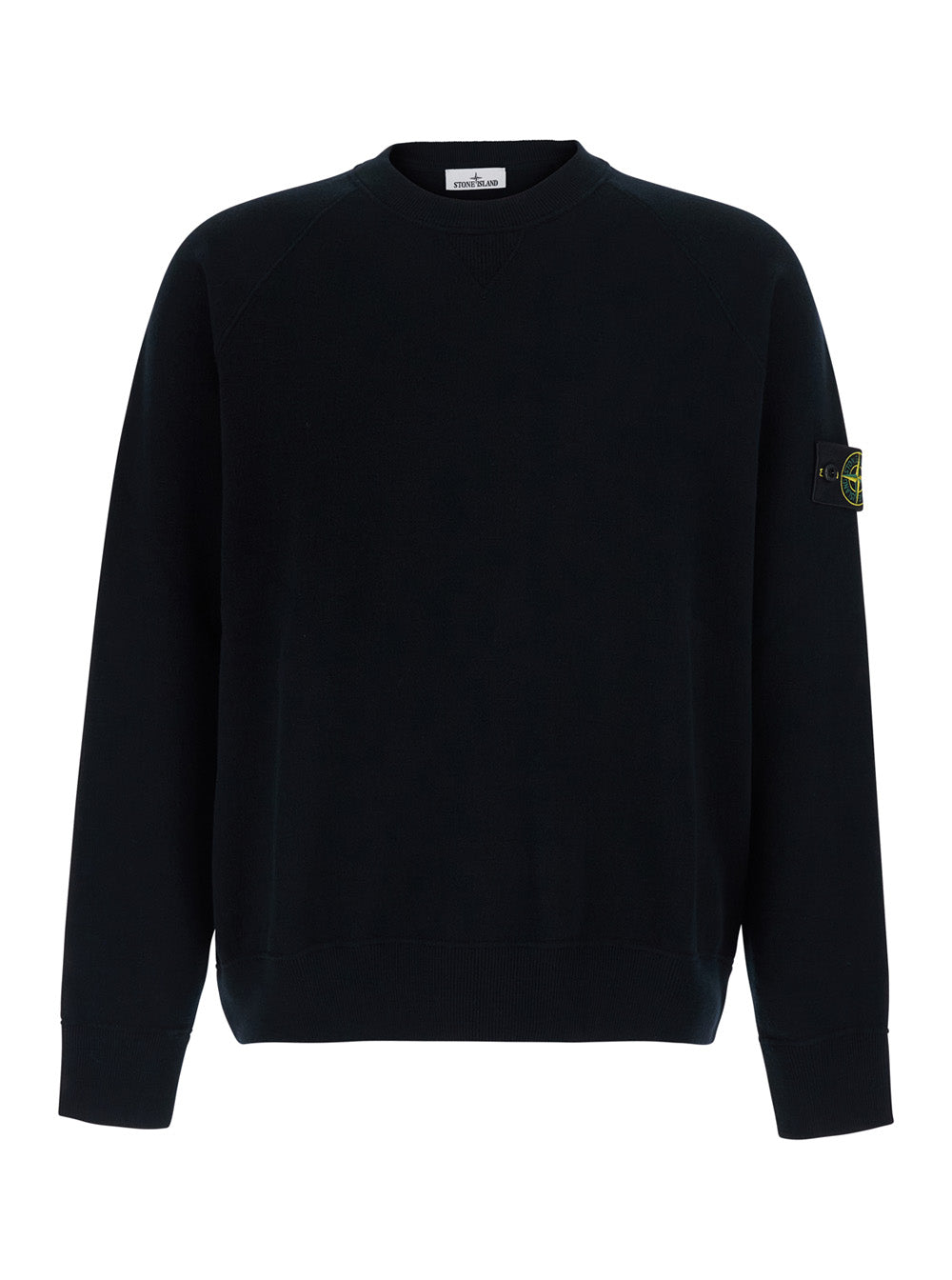 Stone Island Men Black Crew Neck Sweater With Logo Patch On The Sleeve In Wool Blend Men