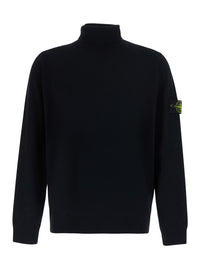 Stone Island Men Black Sweater With High Collar And Logo Patch On The Sleeve In Cotton Men