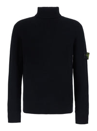 Stone Island Men Black Sweater With High Collar And Logo Patch On The Sleeve In Men