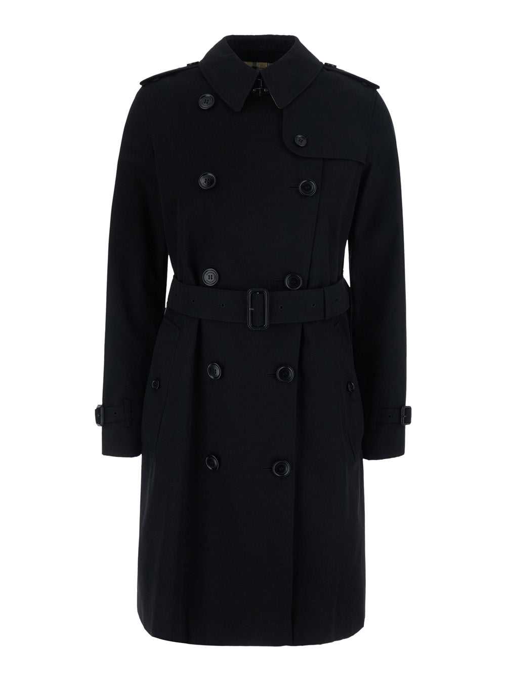 Burberry Women 'Kensington' Black Short Double-Breasted Trench Coat With Waist Belt In Cotton For Women