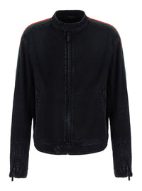 Gucci Men Black Jacket With Side Web Details In Cotton Denim For Men