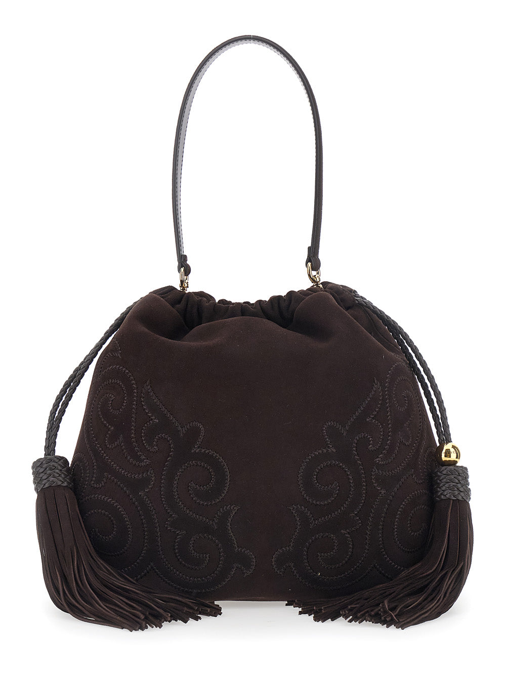 Etro Women 'Kalispera' Brown Shoulder Bag With Drawstring Closure And Tassels On The Front In Suede For Women