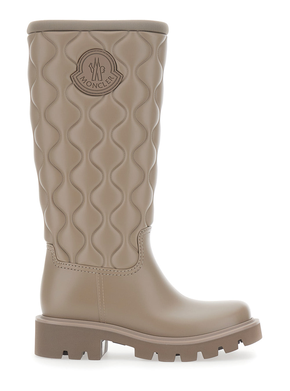 Moncler Women Beige Knee-High Rain Boots With Logo Patch On The Side And Quilted Design In Plastic For Women