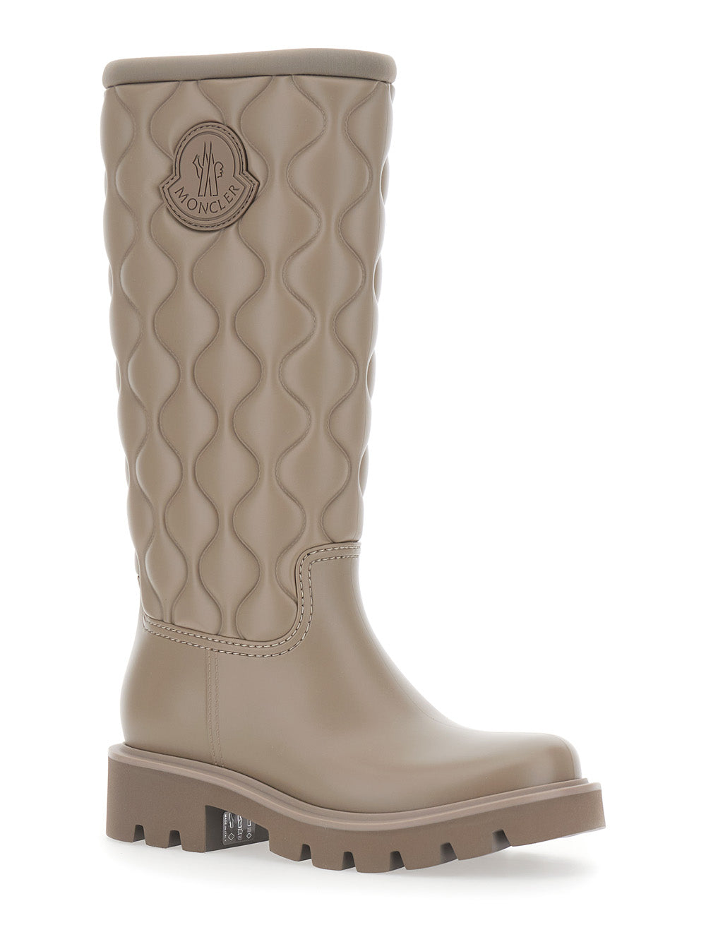 Moncler Women Beige Knee-High Rain Boots With Logo Patch On The Side And Quilted Design In Plastic For Women