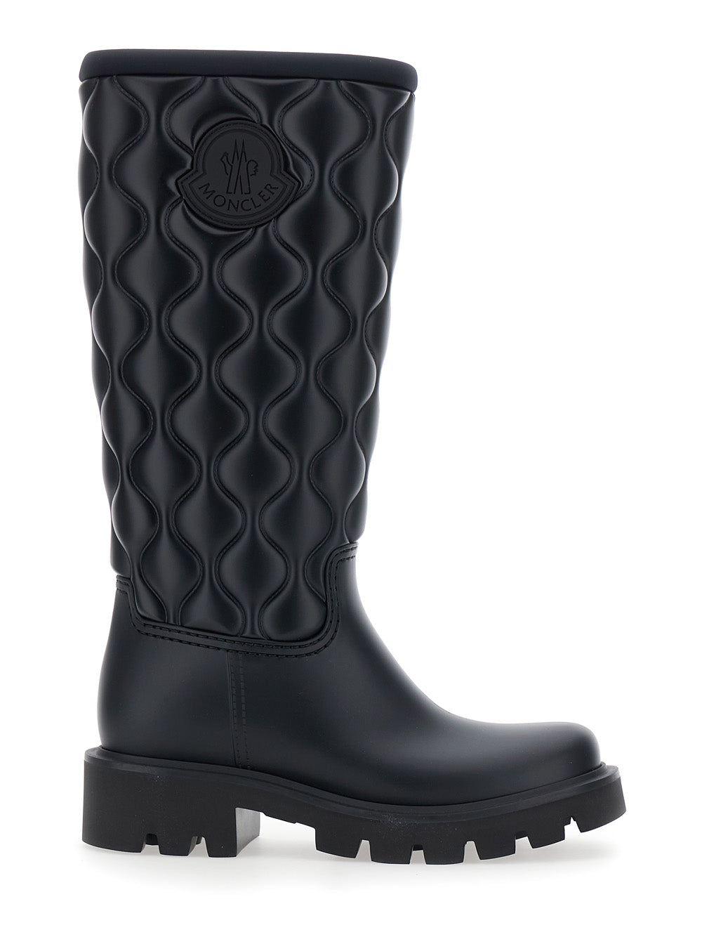 Moncler Women Black Knee-High Rain Boots With Logo Patch On The Side And Quilted Design In Plastic For Women