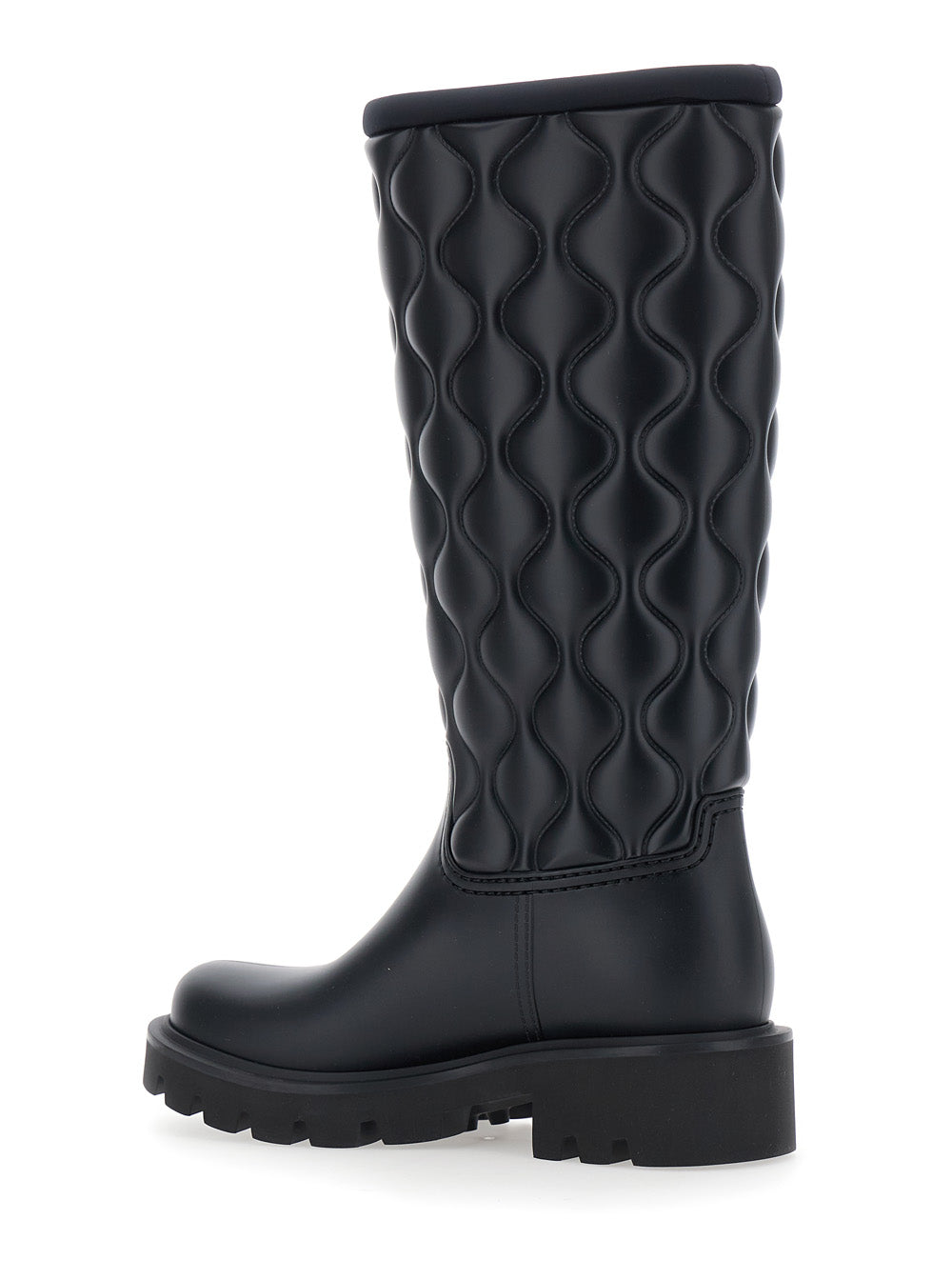 Moncler Women Black Knee-High Rain Boots With Logo Patch On The Side And Quilted Design In Plastic For Women