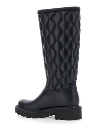 Moncler Women Black Knee-High Rain Boots With Logo Patch On The Side And Quilted Design In Plastic For Women