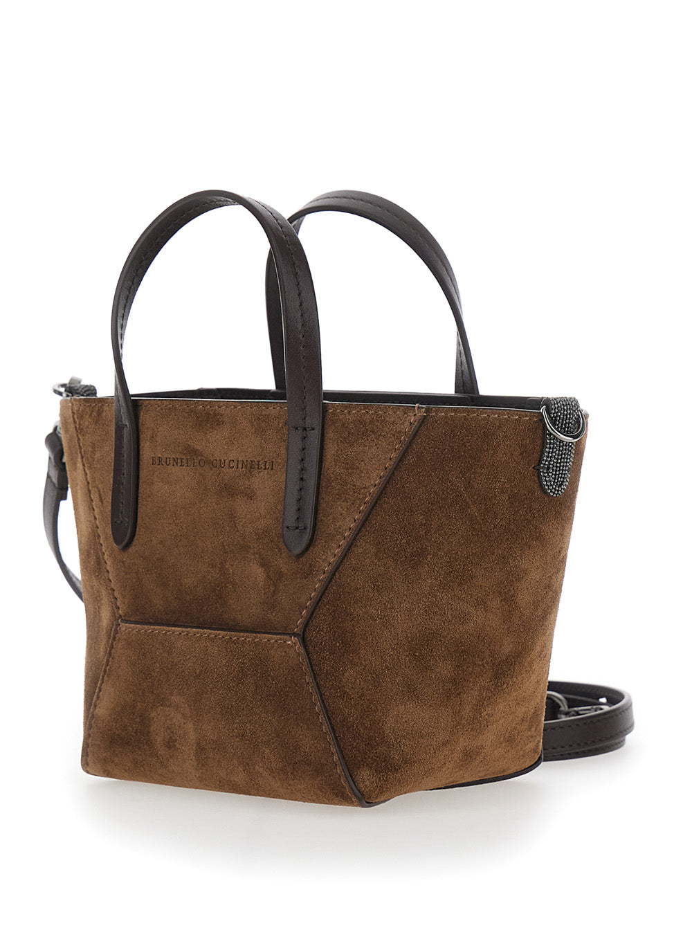 Brunello Cucinelli Women 'Duo' Brown Mini Bag With Adjustable And Removable Shoulder Strap And Logo Lettering On The Front In Suede For Women