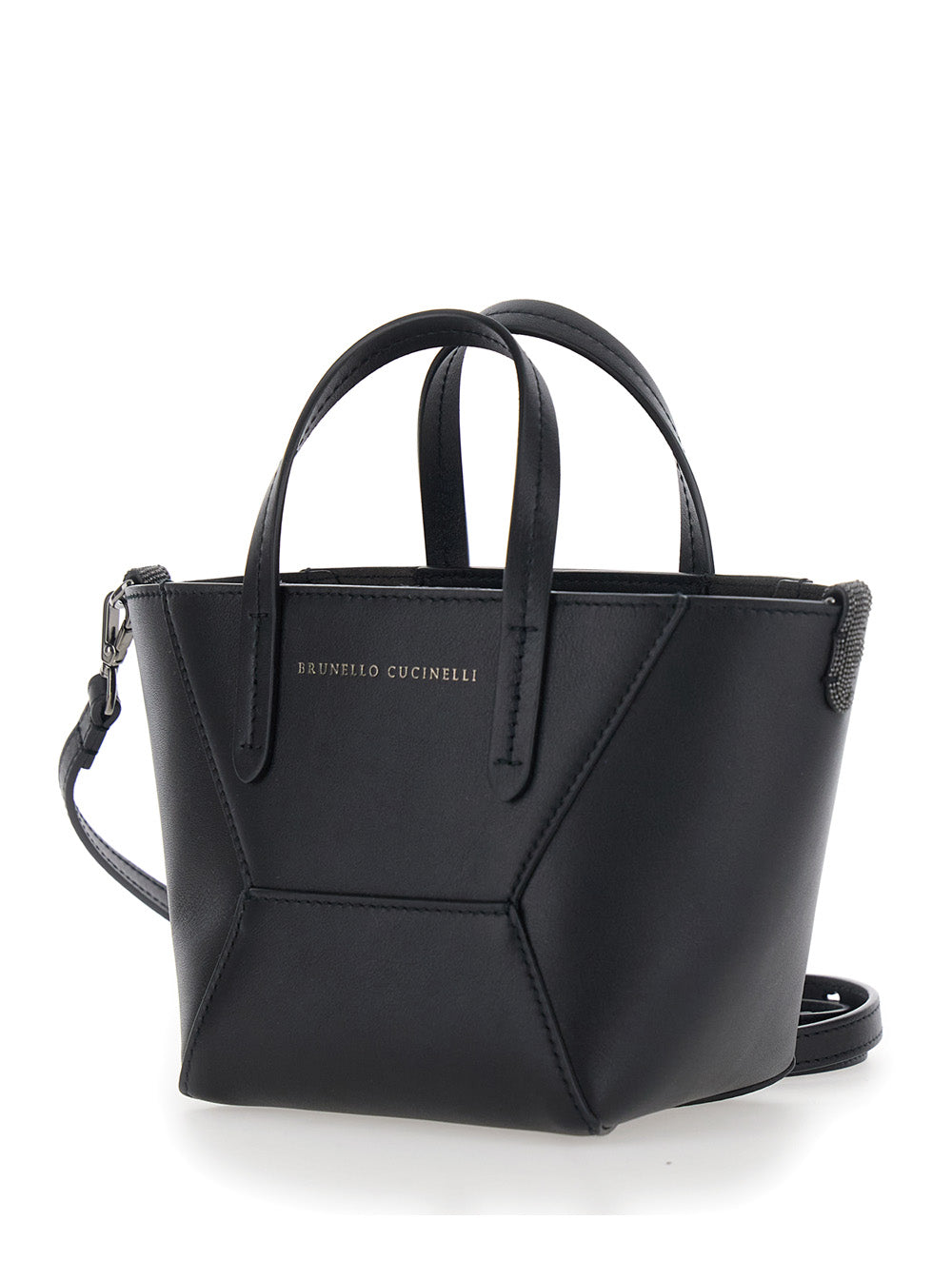 Brunello Cucinelli Women 'Duo' Black Mini Bag With Adjustable And Removable Shoulder Strap And Logo Lettering On The Front In Leather For Women