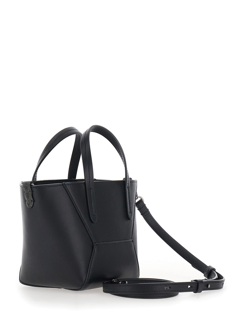 Brunello Cucinelli Women 'Duo' Black Mini Bag With Adjustable And Removable Shoulder Strap And Logo Lettering On The Front In Leather For Women