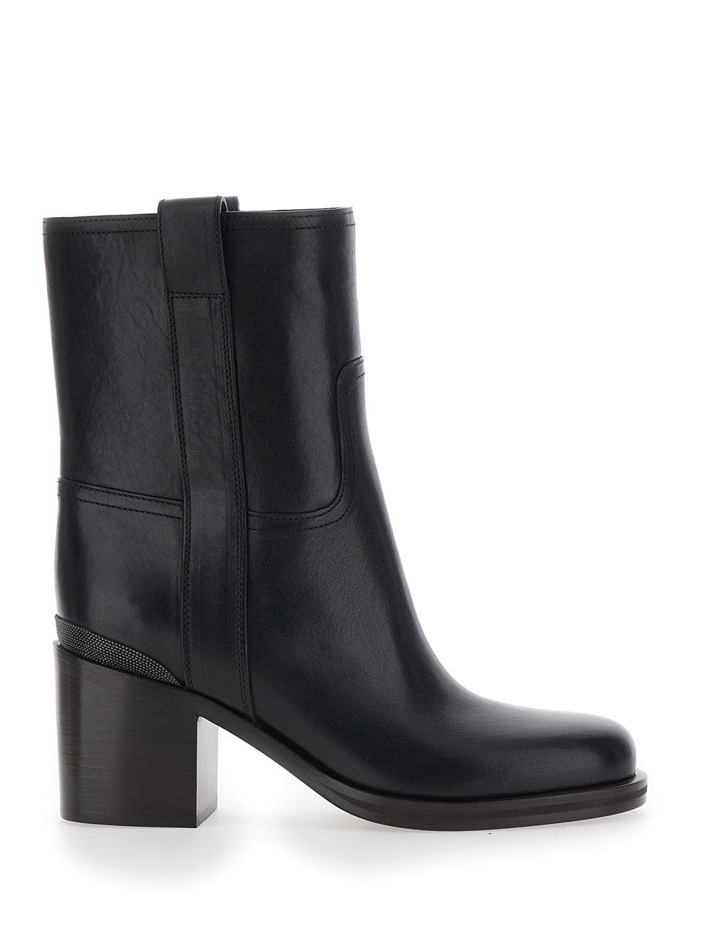 Brunello Cucinelli Women Black Ankle Boots With Monile Detail On The Back In Leather For Women