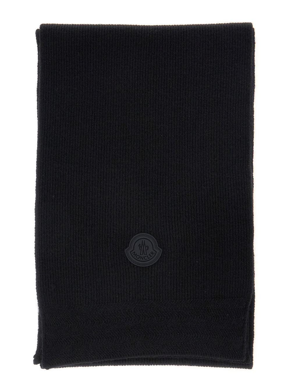 Moncler Men Black Scarf With Logo Patch On The Front In Wool For Men