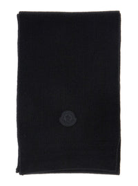 Moncler Men Black Scarf With Logo Patch On The Front In Wool For Men