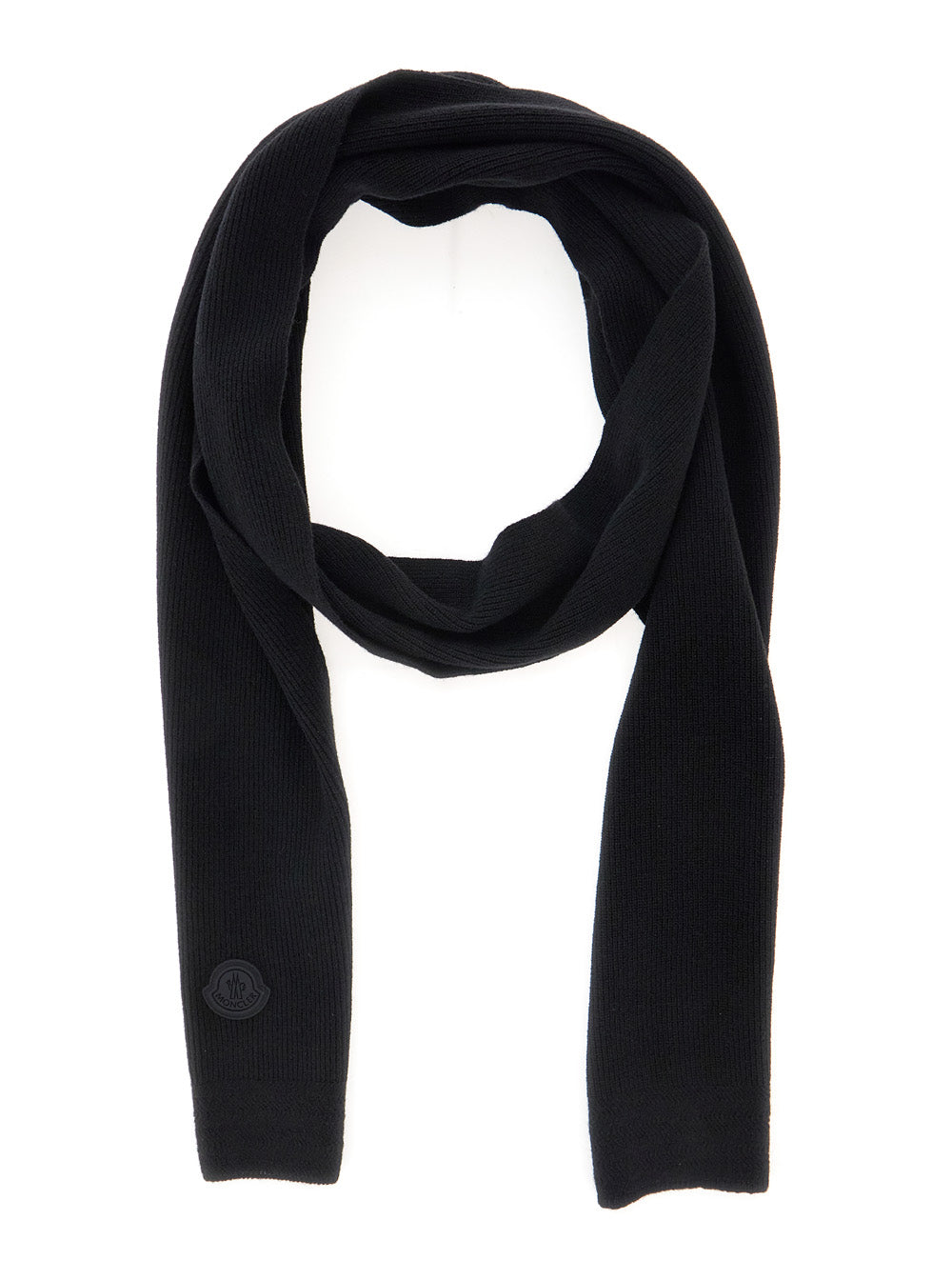 Moncler Men Black Scarf With Logo Patch On The Front In Wool For Men