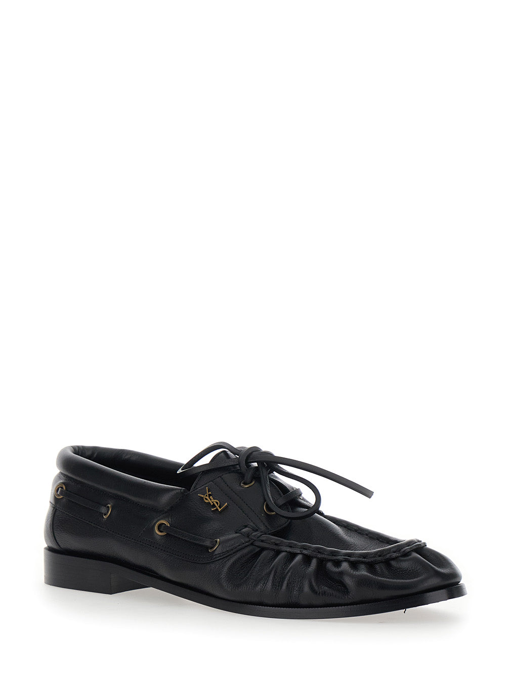 SAINT LAURENT Saint Laurent Men 'Le Loafer Bateau' Black Boat Shoes With Hand-Stitched Moc Toe And Cassandre Plate In Grained Leather Men