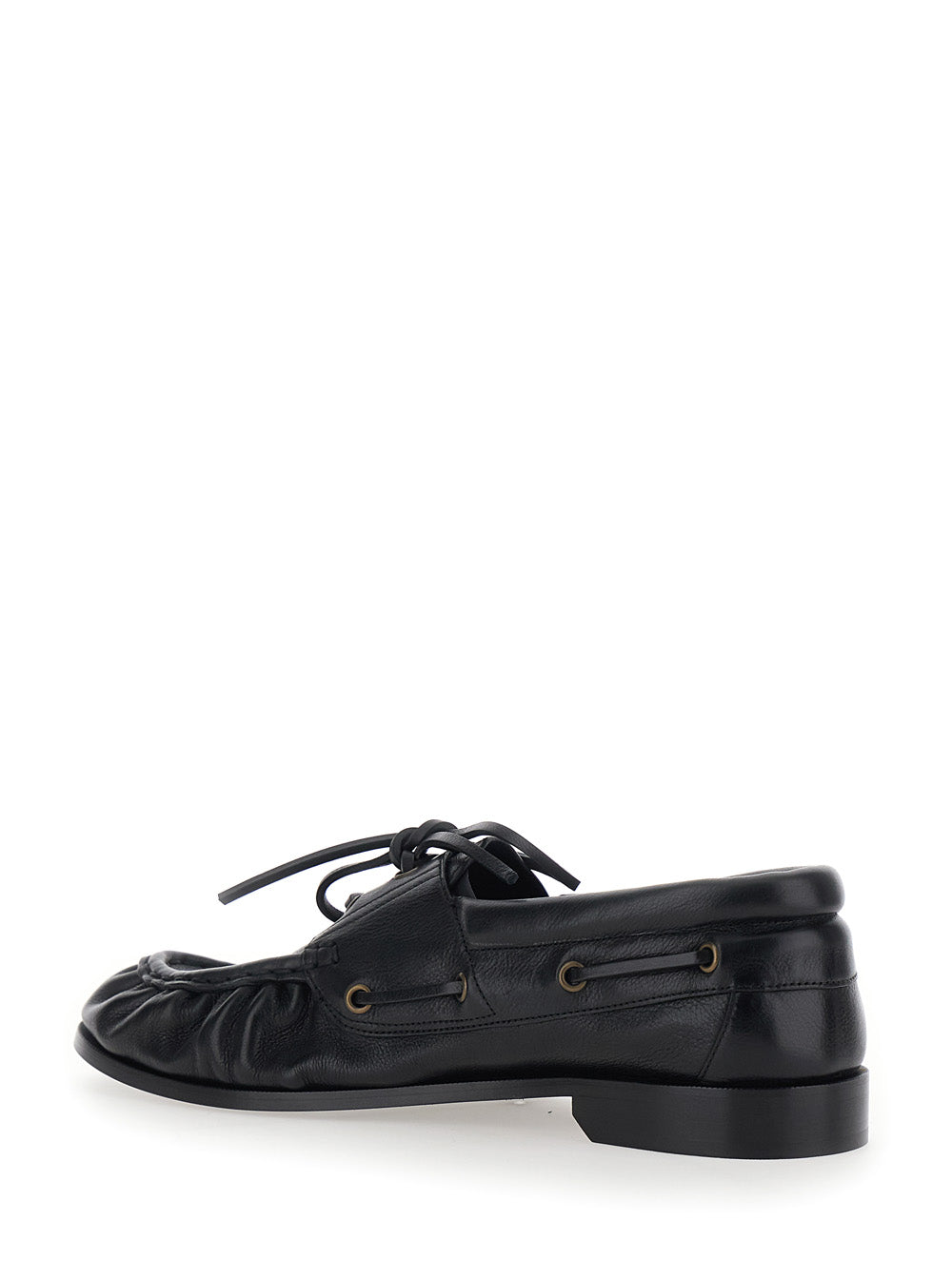 SAINT LAURENT Saint Laurent Men 'Le Loafer Bateau' Black Boat Shoes With Hand-Stitched Moc Toe And Cassandre Plate In Grained Leather Men