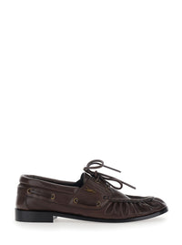 Saint Laurent Men 'Le Loafer Bateau' Brown Boat Shoes With Hand-Stitched Moc Toe And Cassandre Plate In Grained Leather Men