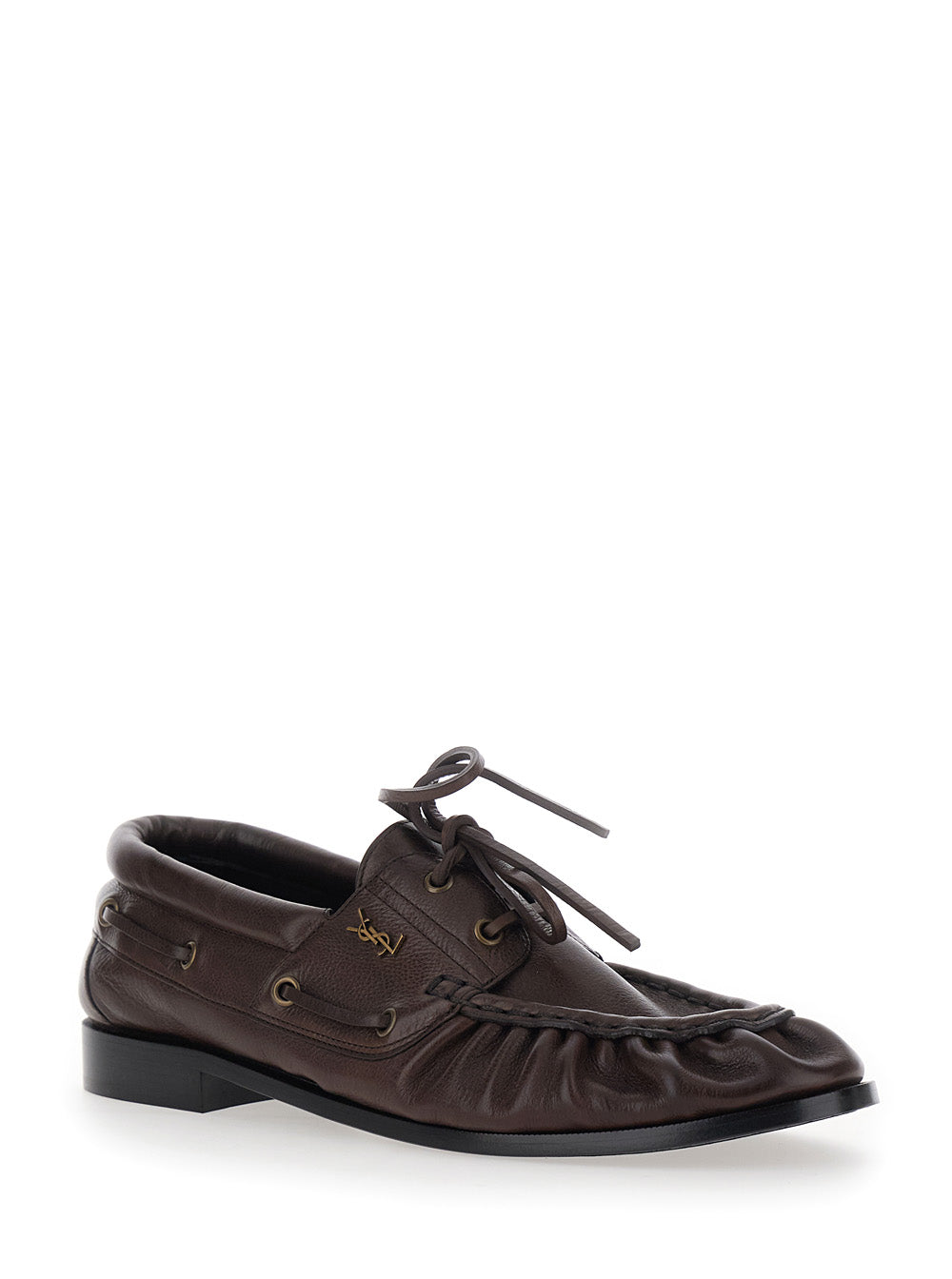Saint Laurent Men 'Le Loafer Bateau' Brown Boat Shoes With Hand-Stitched Moc Toe And Cassandre Plate In Grained Leather Men