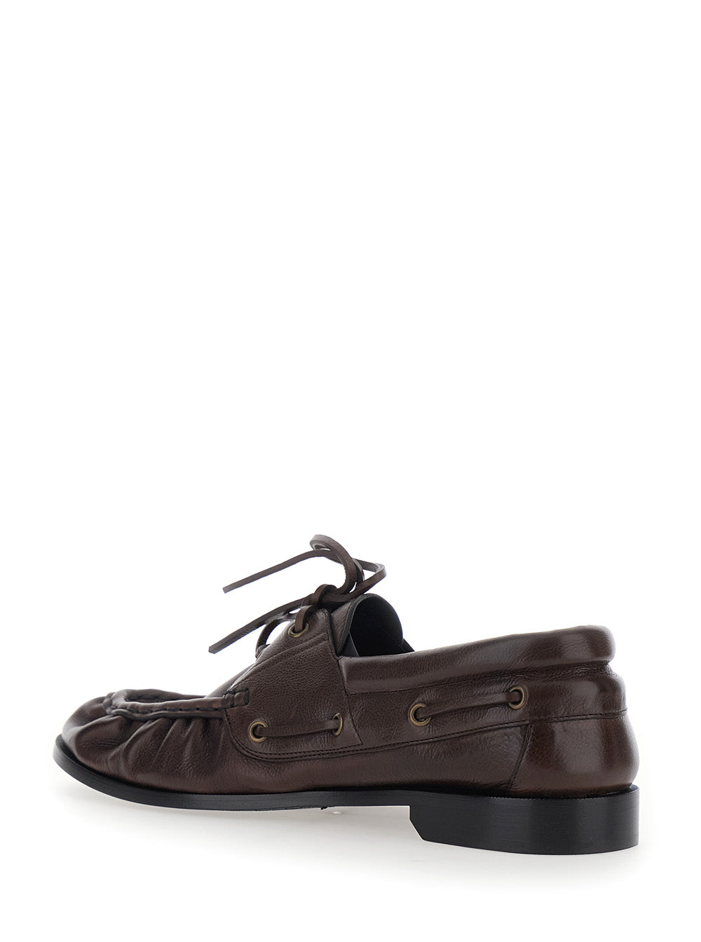 Saint Laurent Men 'Le Loafer Bateau' Brown Boat Shoes With Hand-Stitched Moc Toe And Cassandre Plate In Grained Leather Men