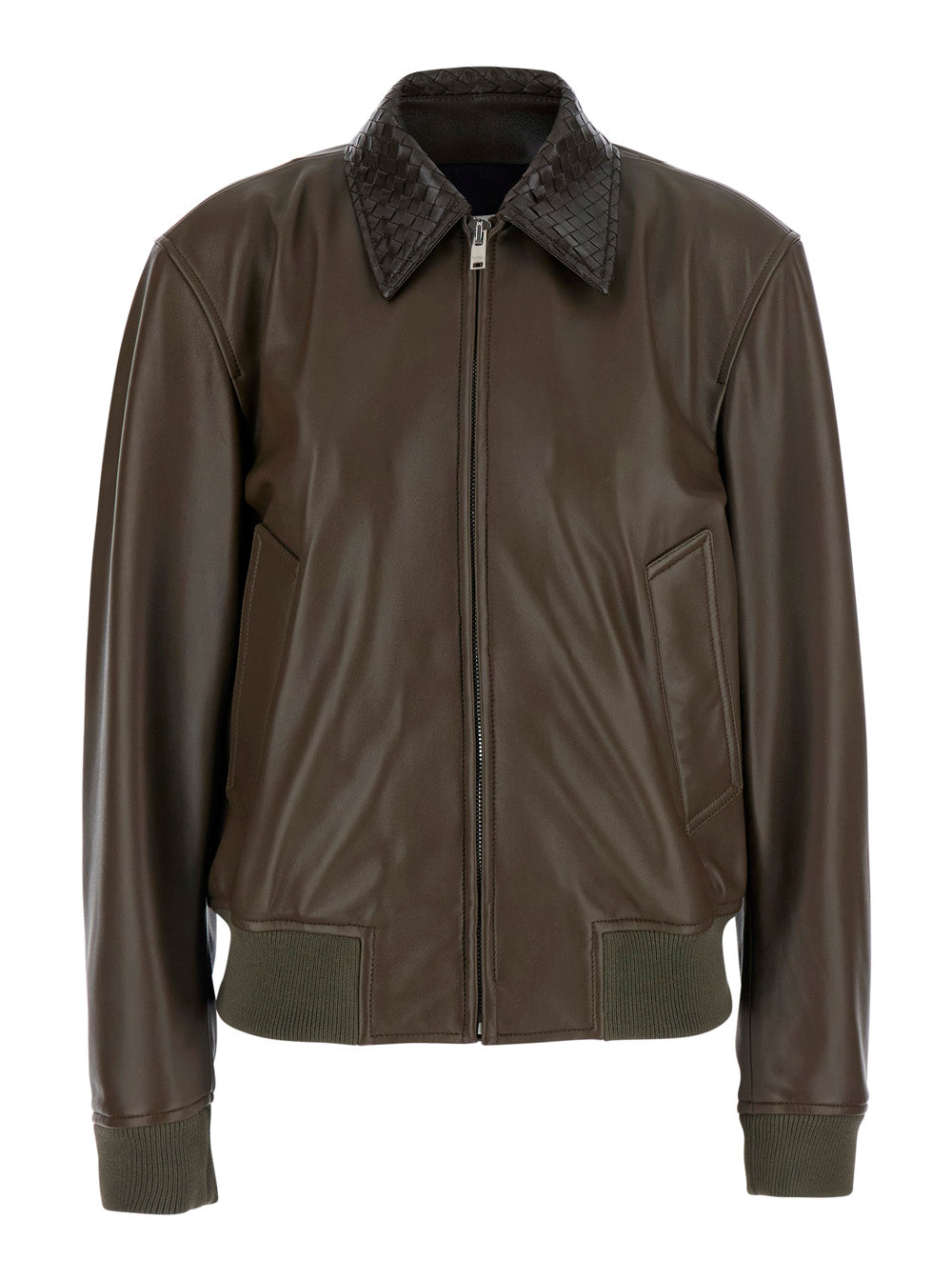 Bottega Veneta Women Dark Green Jacket With Collar With Intreccio Motif In Leather For Women