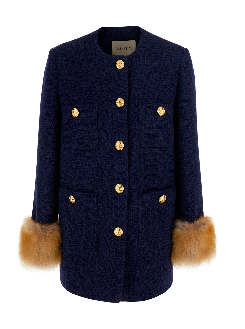 Valentino Women 'Mossi' Blue Jacket With Jewel Buttons With Vlogo And Fur Cuffs In Blend Wool For Women