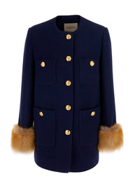 Valentino Women 'Mossi' Blue Jacket With Jewel Buttons With Vlogo And Fur Cuffs In Blend Wool For Women