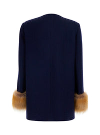 Valentino Women 'Mossi' Blue Jacket With Jewel Buttons With Vlogo And Fur Cuffs In Blend Wool For Women