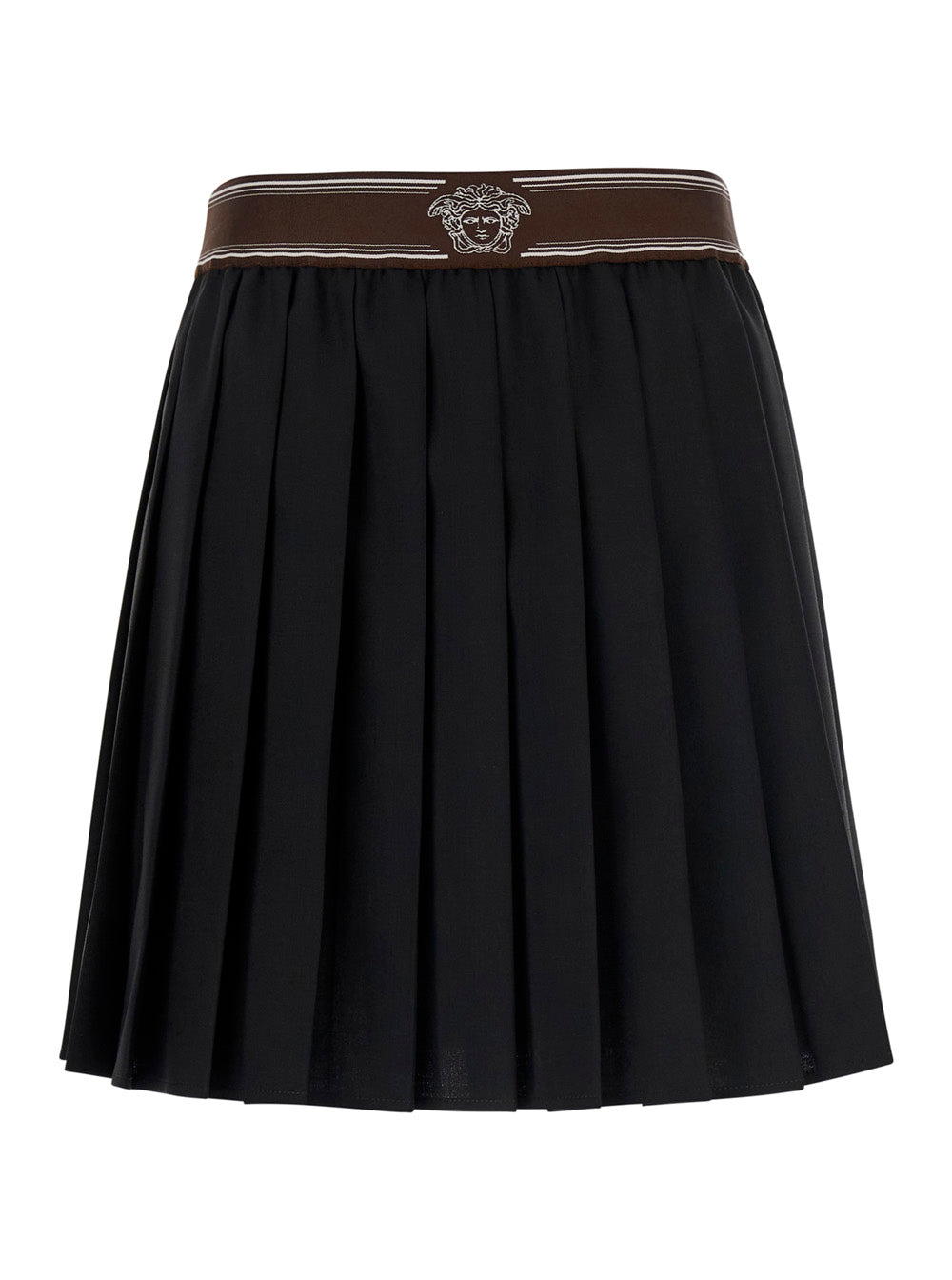 Versace Women Black Pleated Skirt With Medusa Decoration At The Waist In Wool For Women
