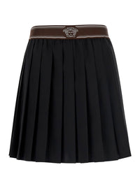 Versace Women Black Pleated Skirt With Medusa Decoration At The Waist In Wool For Women