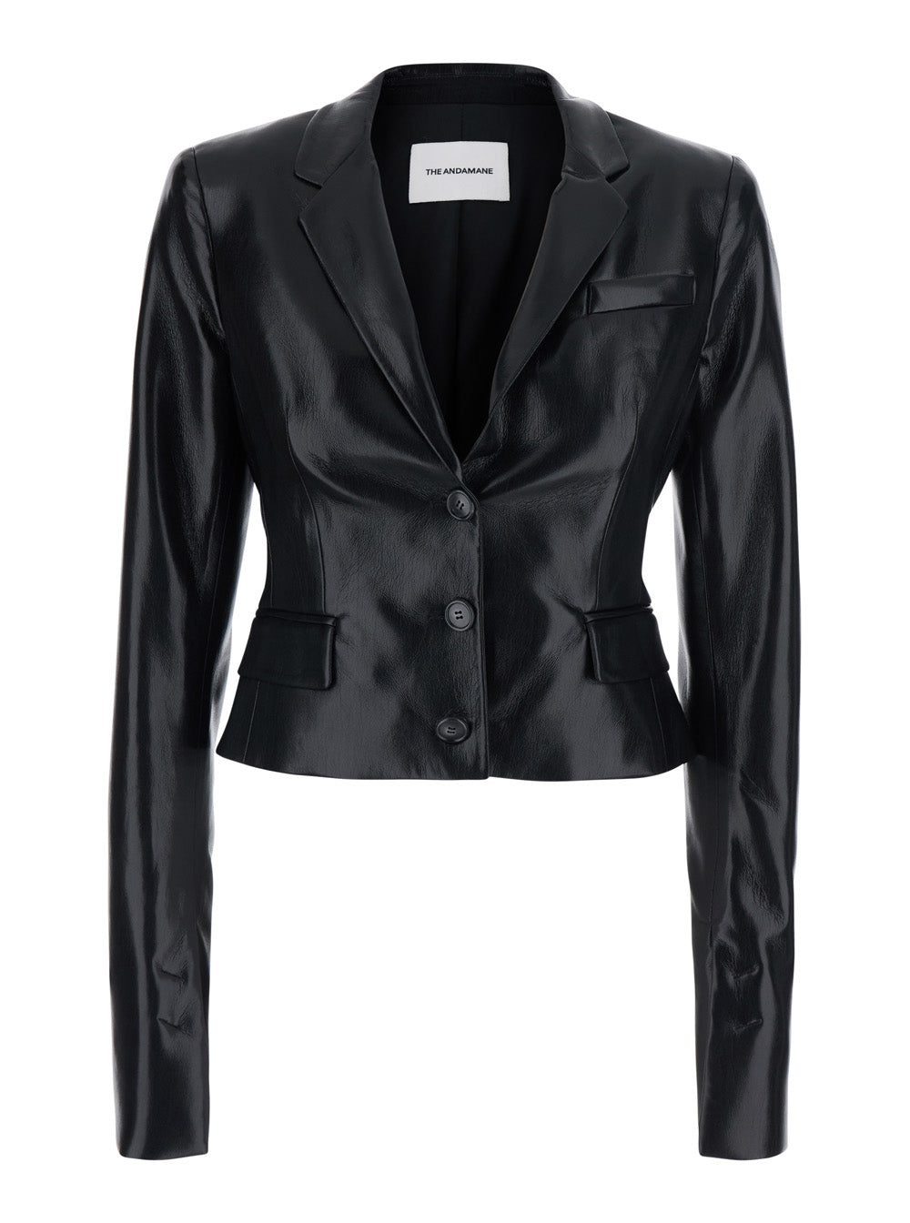 The Andamane Women 'Zefira' Black Jacket With Notched Revers And Crop Design In Eco-Leather For Women
