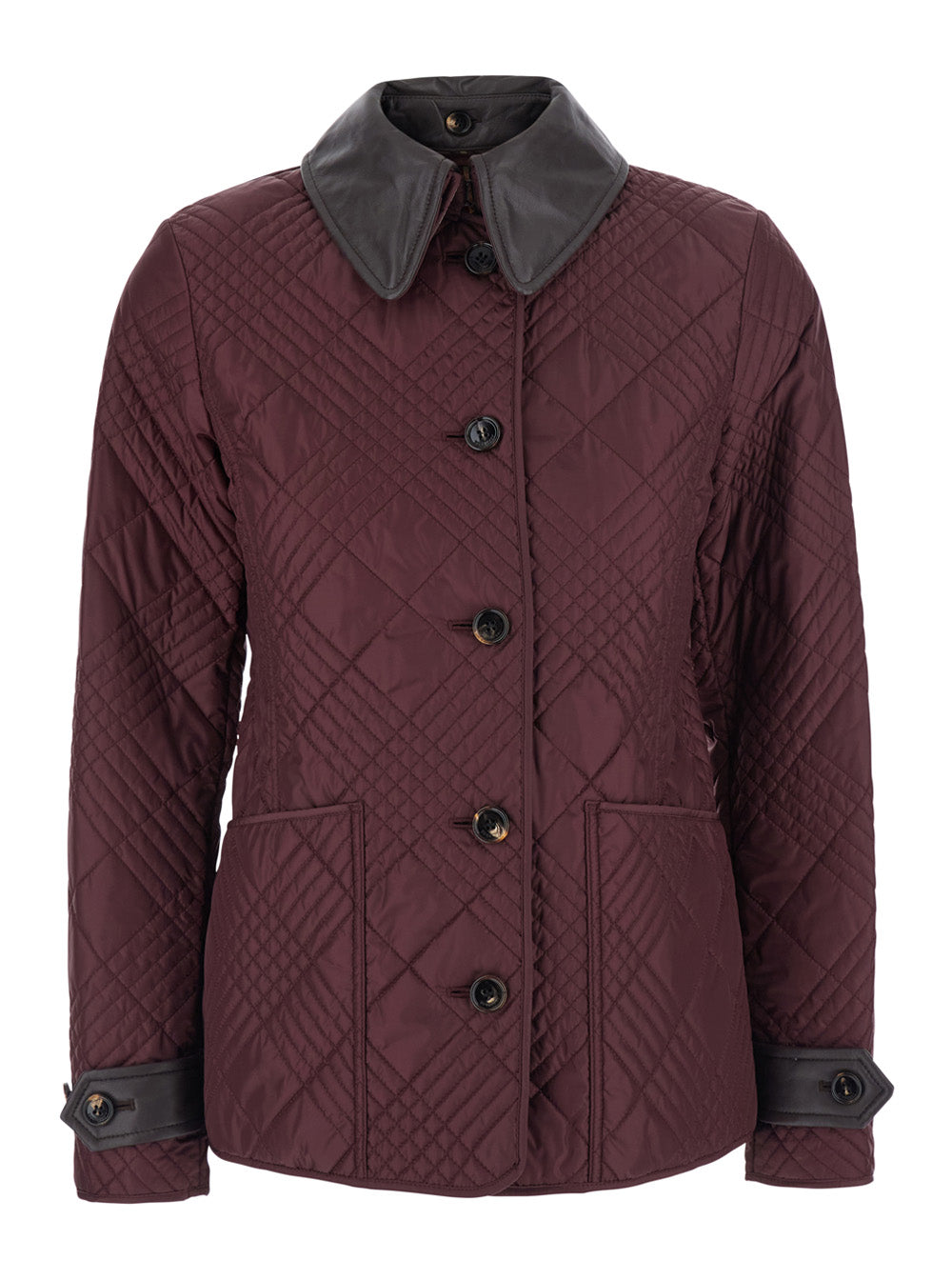 BURBERRY Burberry Women 'Fernleigh' Bordeaux Jacket With Removable Leather Collar And All-Over Check Stitching In Quilted Tech Fabric For Women