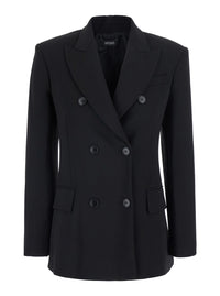 Leplain Women Black Double Breasted Jacket With Peak Revers In Wool Blend For Women