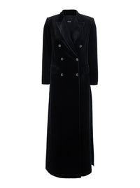 Leplain Women Black Long Double-Breasted Coat With Peak Revers In Velvet For Women
