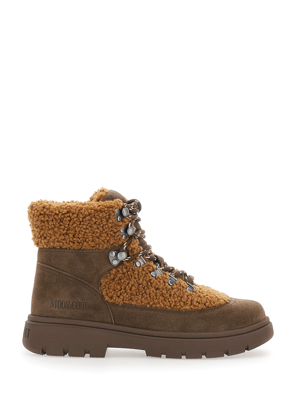 Moon Boot Women 'Combat Boot' Brown Ankle Boots With Logo Lettering On The Back And Fleece Details In Suede Women