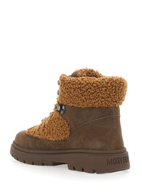 Moon Boot Women 'Combat Boot' Brown Ankle Boots With Logo Lettering On The Back And Fleece Details In Suede Women