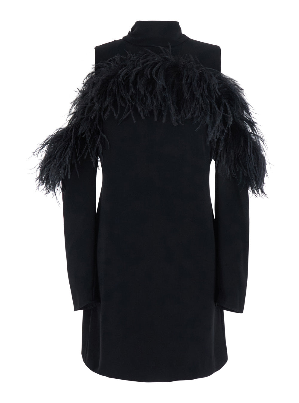 P.A.R.O.S.H. Women Black Dress With Bow On The Back And Feathers In Tech Fabric For Women