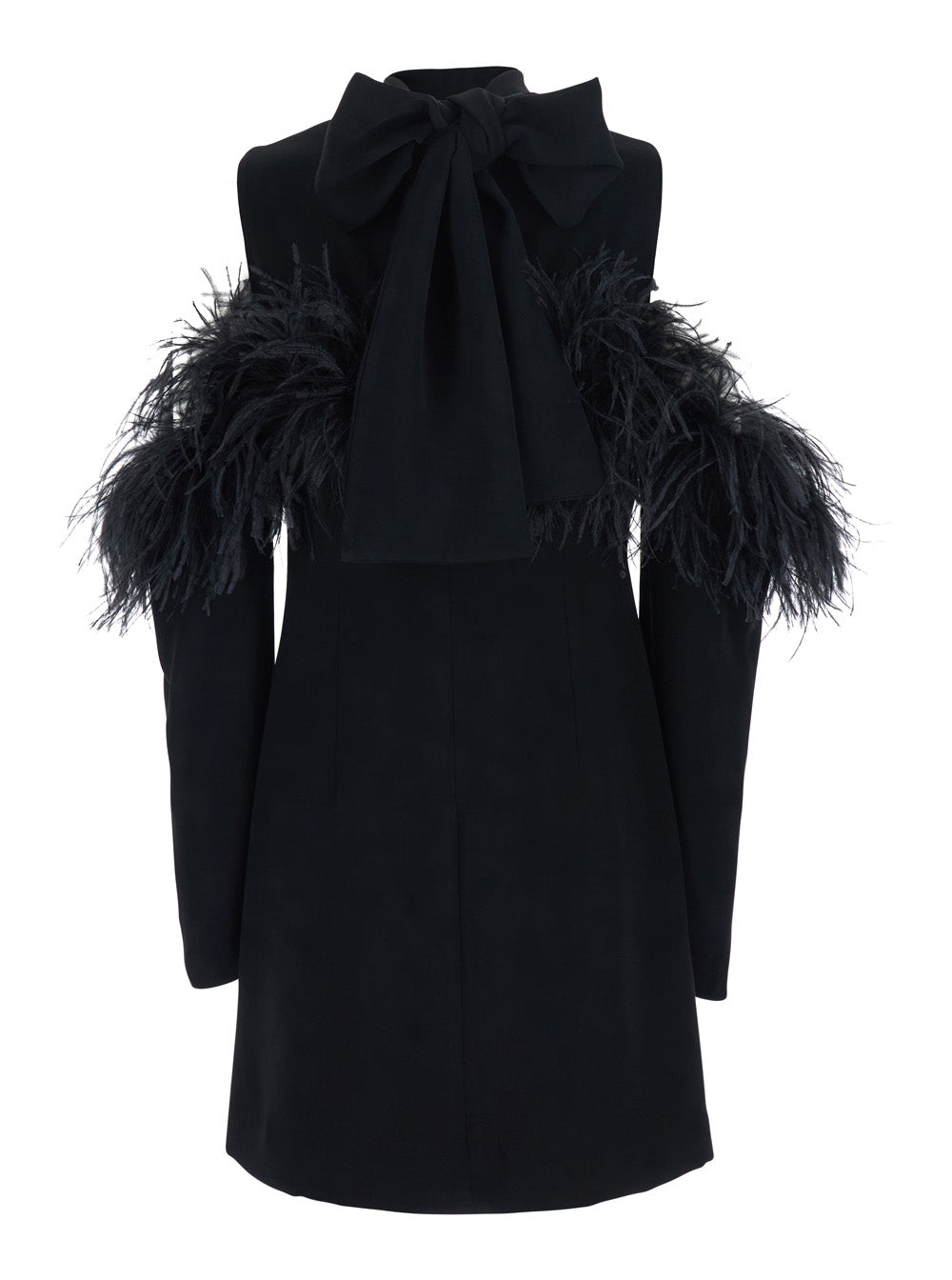 P.A.R.O.S.H. Women Black Dress With Bow On The Back And Feathers In Tech Fabric For Women