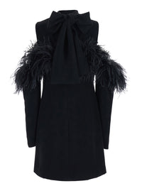 P.A.R.O.S.H. Women Black Dress With Bow On The Back And Feathers In Tech Fabric For Women
